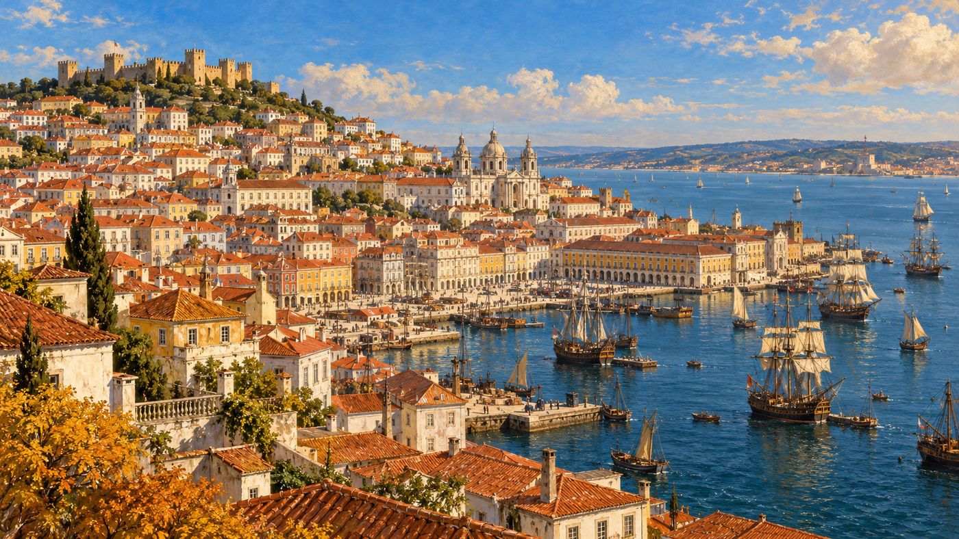 A painterly illustration of 18th-century Lisbon before the disaster — the city's distinctive hillside architecture and terracotta rooftops stepping down to the wide Tagus River estuary, the harbor filled with sailing vessels, a bright November morning sky above