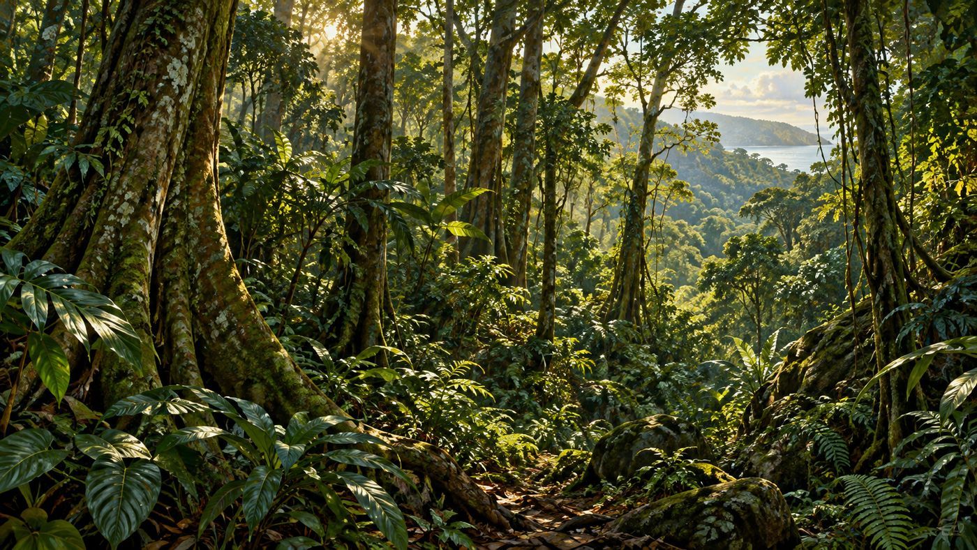 A painterly illustration of a dense East African forest — dappled light filtering through a high forest canopy onto the undergrowth below, the green and shadow of a chimpanzee habitat rendered in rich tropical tones