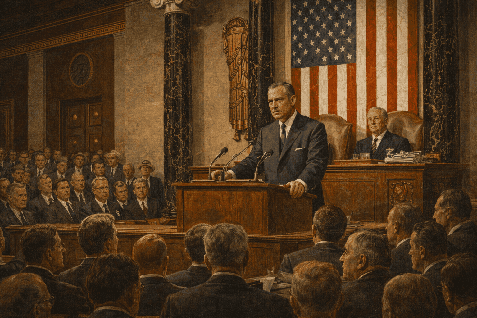 Historical illustration of 1960s U.S. Capitol chamber during joint congressional session