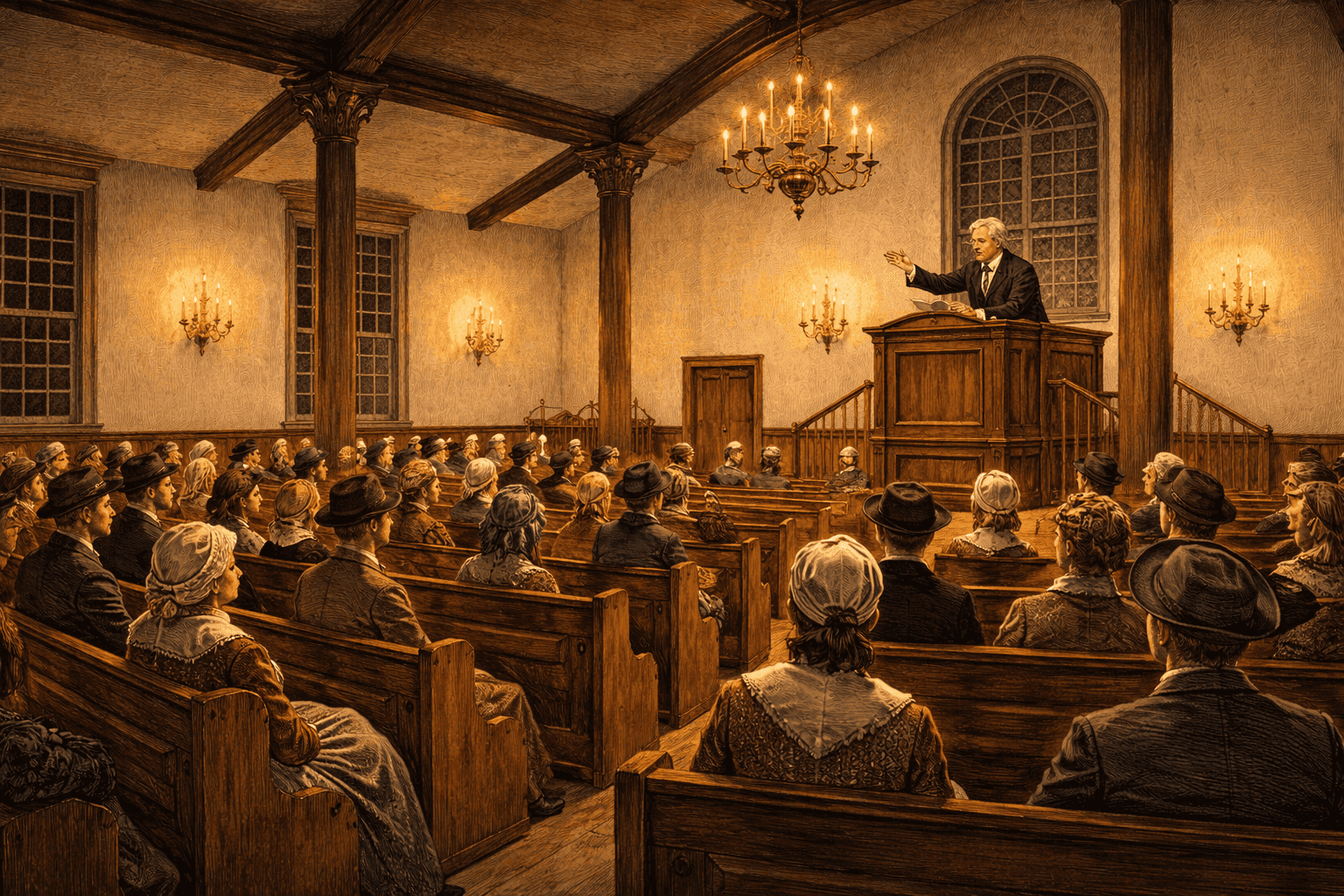 Historical illustration of an 18th century Methodist church interior with congregation in colonial dress