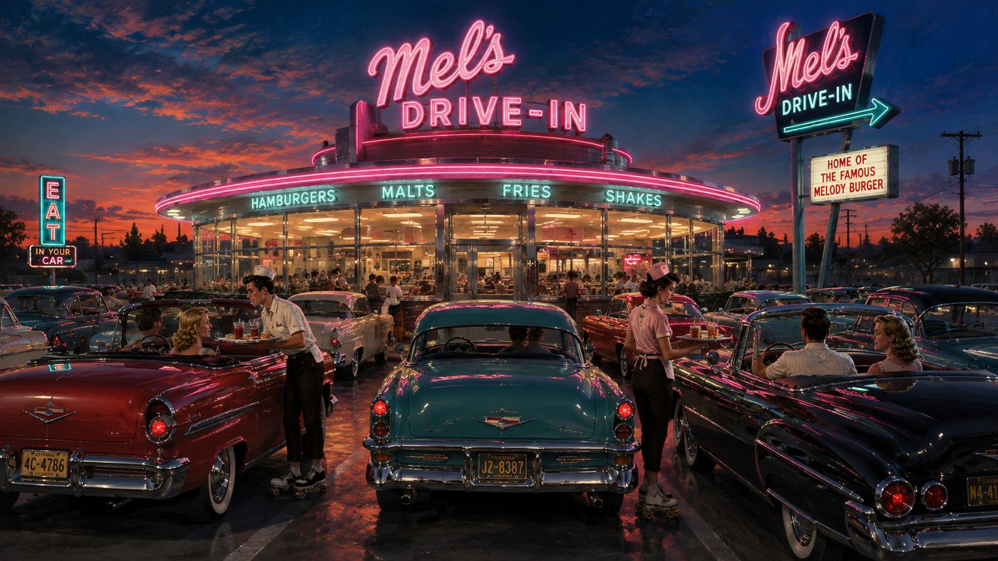 A 1950s-style American drive-in restaurant with vintage cars parked outside, neon signs glowing in the early evening, the scene evoking mid-century nostalgia