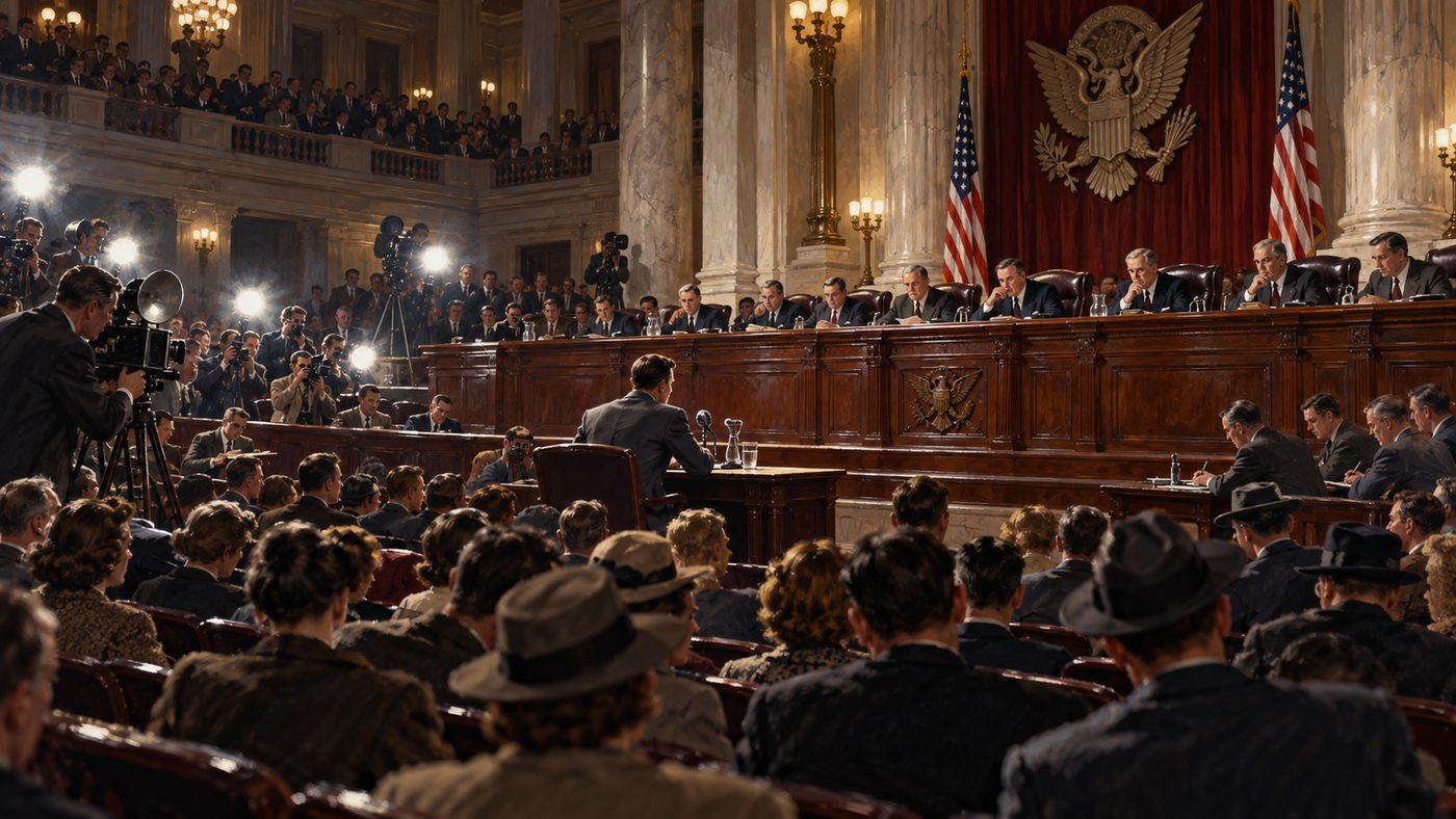 A painterly illustration of a formal congressional hearing room in the late 1940s — a long elevated dais with committee members facing a witness table, the ornate chamber packed with spectators and press photographers, dramatic overhead lighting