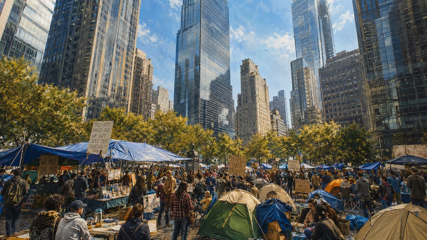A lower Manhattan park filled with protesters and tents, the towers of the financial district visible above, the scene a contrast between the encampment below and the skyscrapers above
