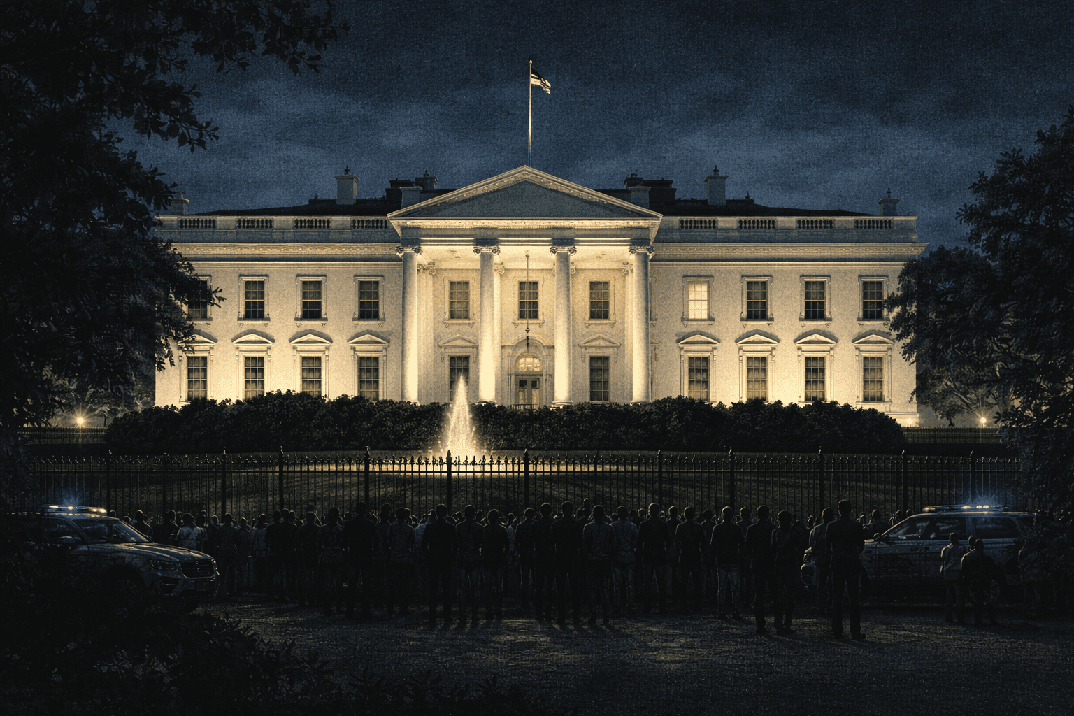 The exterior of the White House at night with lights on in the East Wing as crowds gather on Pennsylvania Avenue