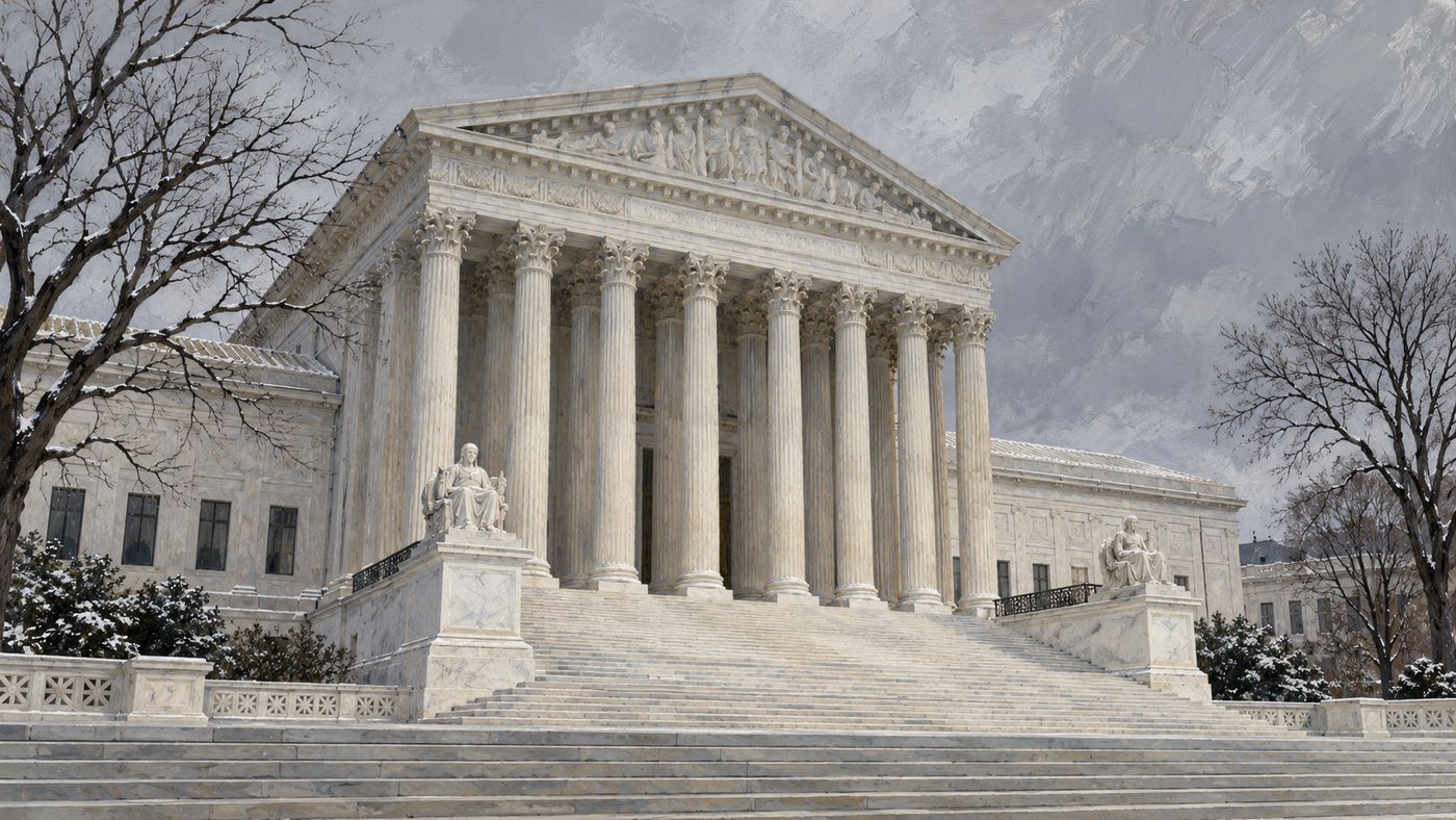 A painterly illustration of the United States Supreme Court building in Washington — the neoclassical marble facade and wide steps under a grey December sky, the building that rendered the final verdict on the 2000 presidential election