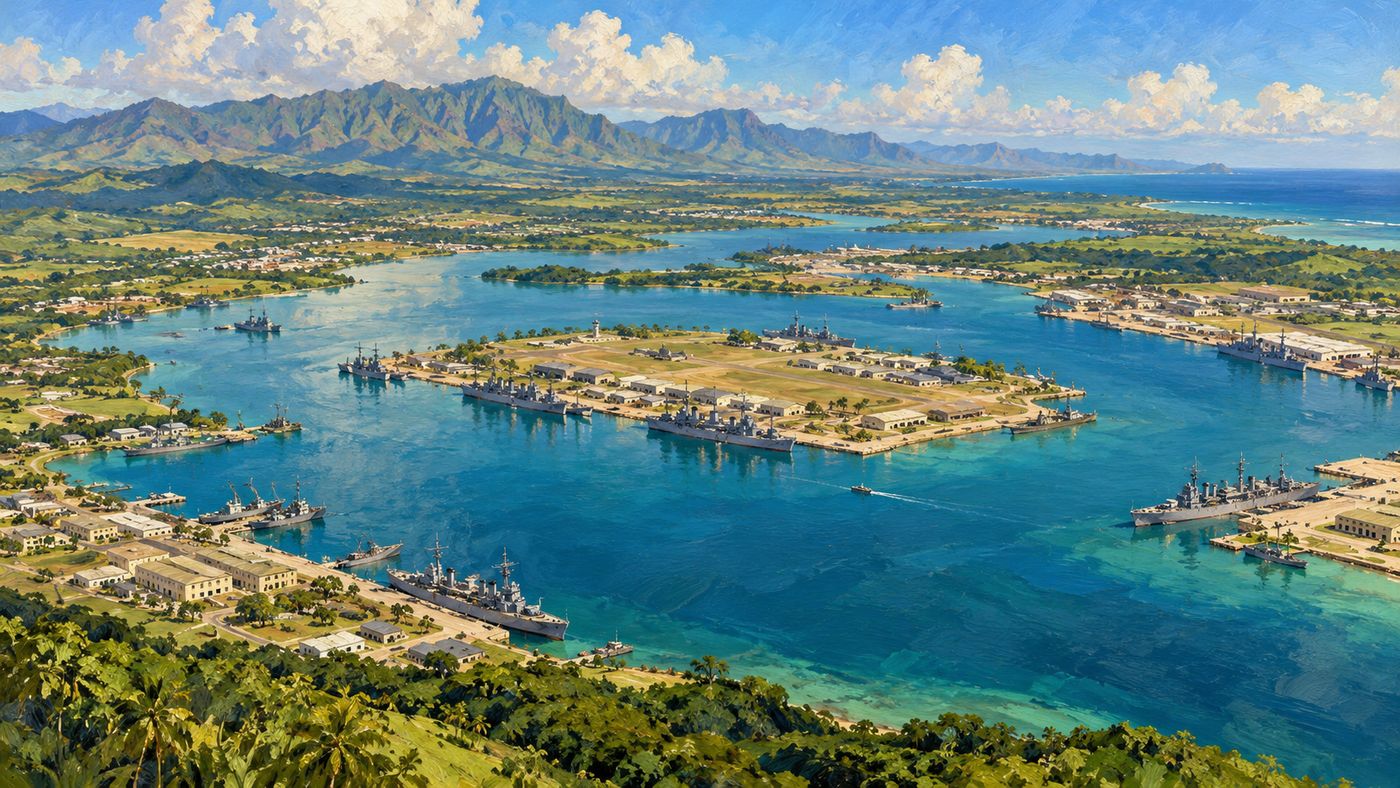 A sweeping painterly landscape of Pearl Harbor from above — the wide natural harbor with its naval installations visible along the shores, the Waianae Mountains rising in the distance, the scene peaceful and still before the events of December 7