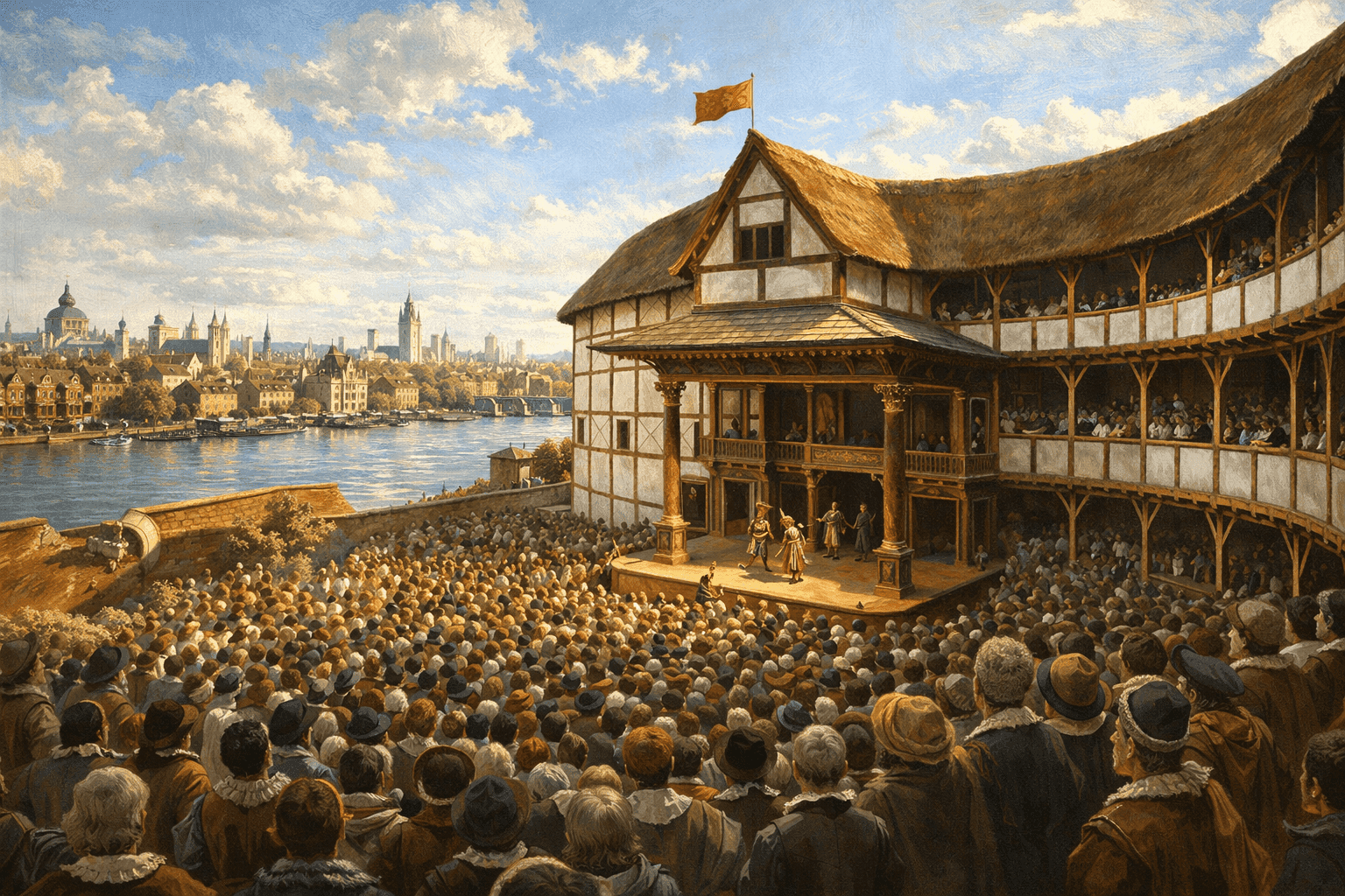 The reconstructed Globe Theatre on the south bank of the Thames in London on a summer afternoon with the river and city skyline behind it