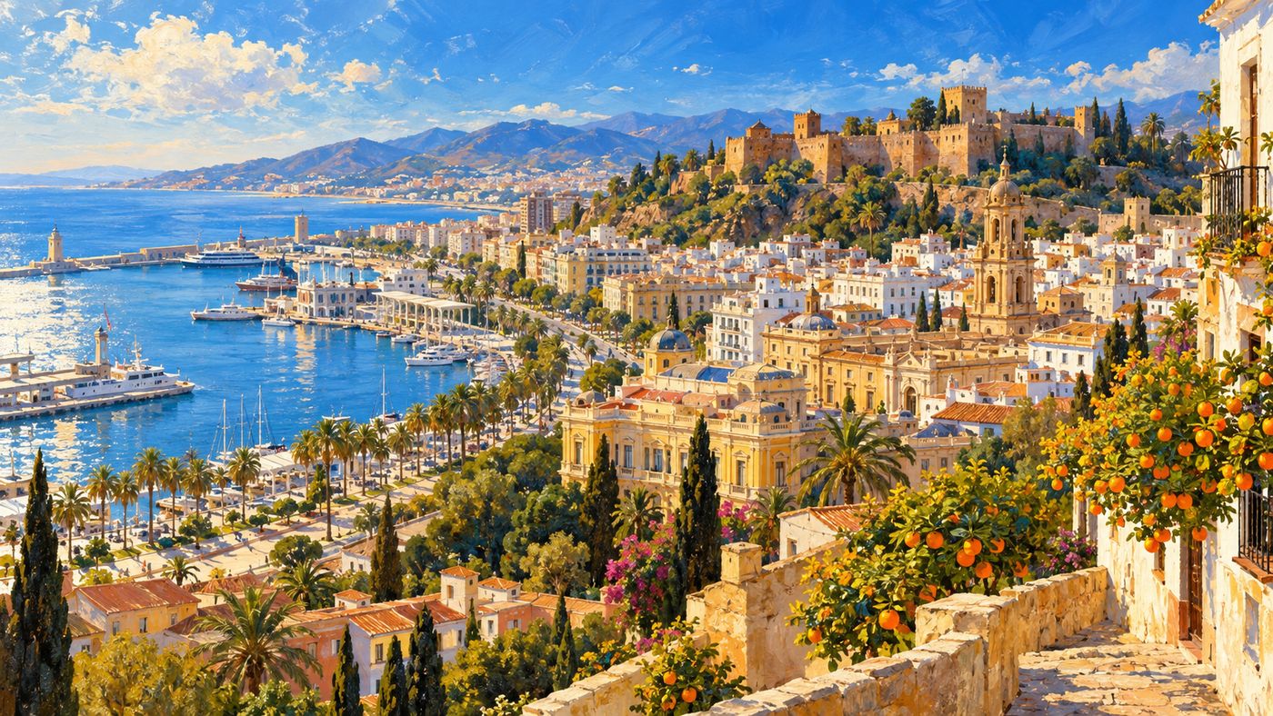 A painterly illustration of the sun-drenched southern Spanish city of Málaga — whitewashed buildings climbing the hillside above the Mediterranean harbor, orange trees lining a central boulevard, the Alcazaba fortress visible above the old town