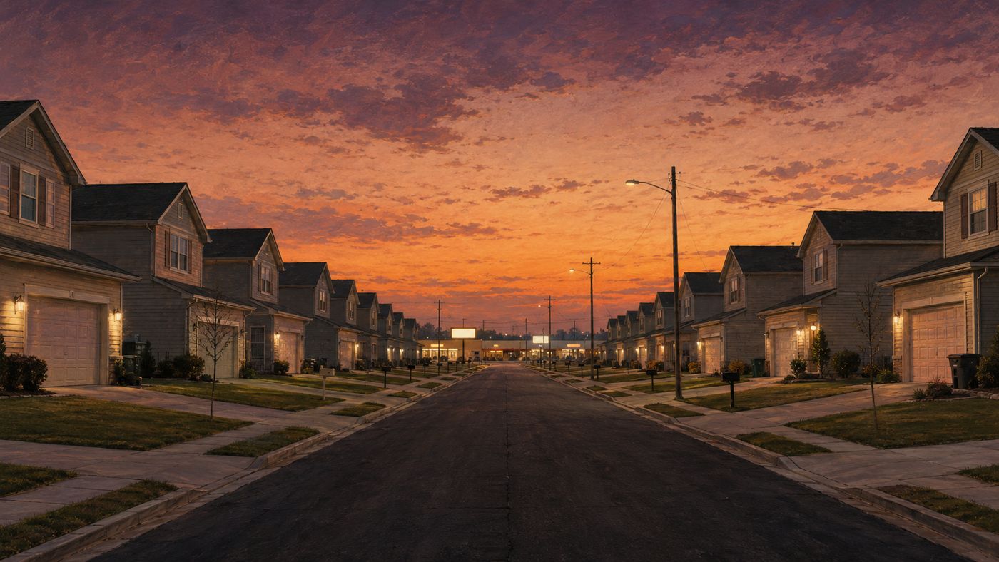 A 2000s American suburban landscape at dusk, tract houses lining a wide street under an orange sky, the sense of ordinary restlessness that defined the album's setting
