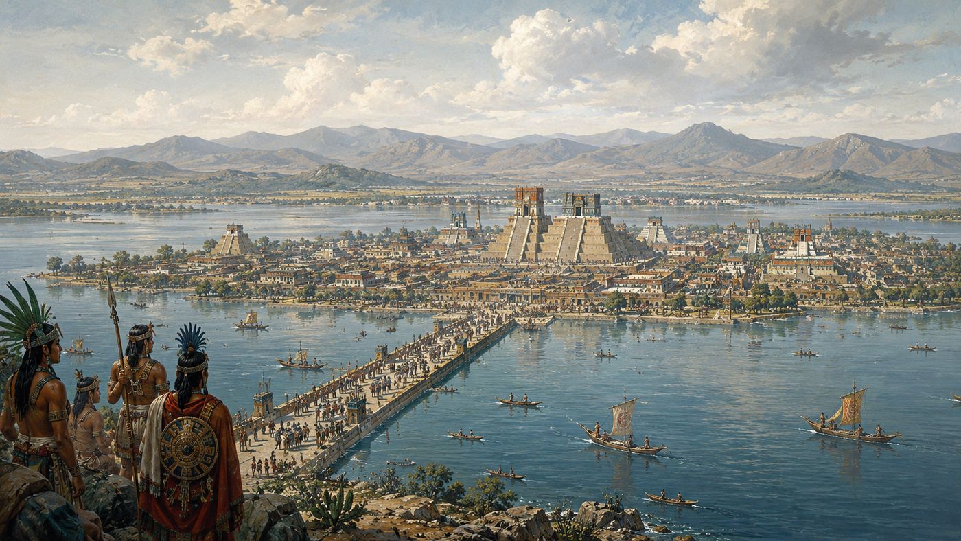 A vast lake in the Valley of Mexico with an island city visible at its center, pyramids and temples rising above the water under a dramatic sky