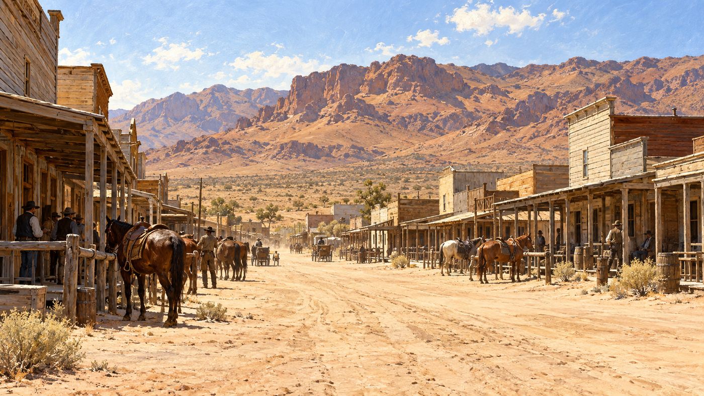 A painterly illustration of a dusty 1880s frontier mining town main street — wooden false-front buildings lining a wide unpaved road, a few horses at hitching posts, the desert mountains visible in the distance under a wide Arizona sky