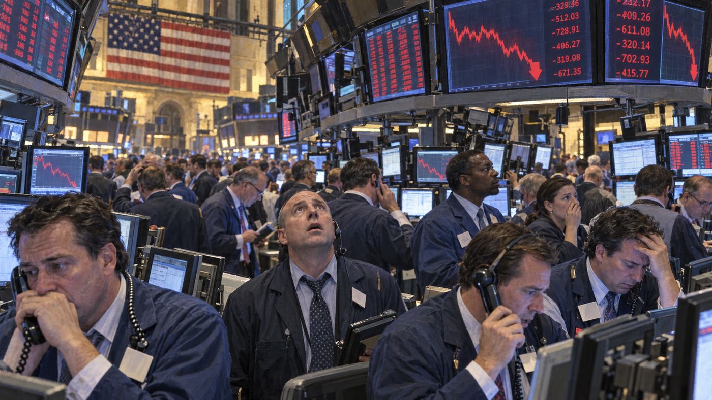 A stock exchange trading floor in 2008, traders visible at their stations amid flashing screens showing falling numbers, the atmosphere of organized panic