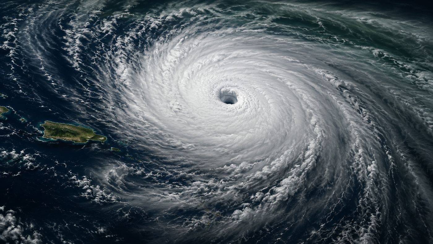 A satellite view of a massive hurricane spiral approaching a Caribbean island, the storm's eye visible at the center of the enormous cloud formation