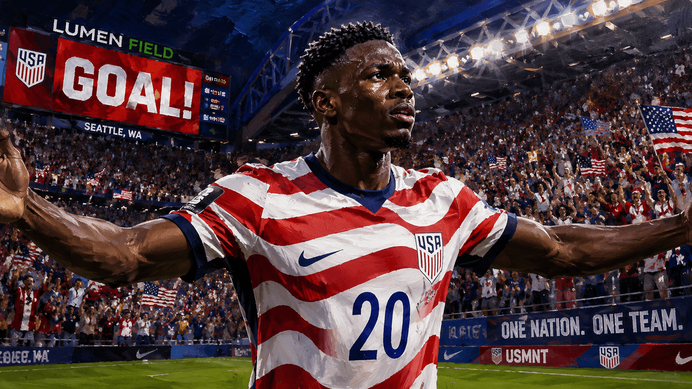 Folarin Balogun celebrating a goal in a USA jersey at a packed World Cup stadium