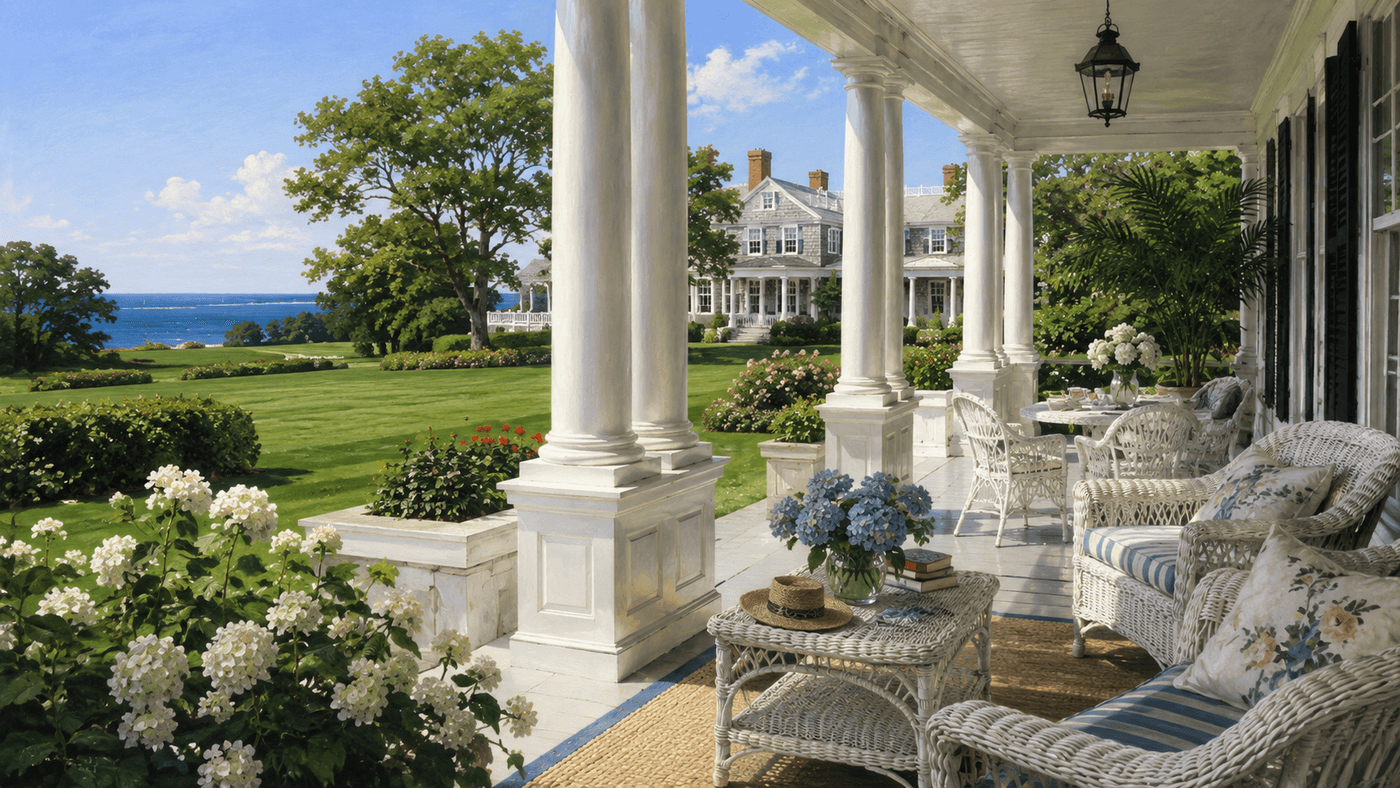 A grand 1920s summer estate in the Hamptons, a wide porch overlooking manicured lawns, the ocean visible in the distance under a summer sky