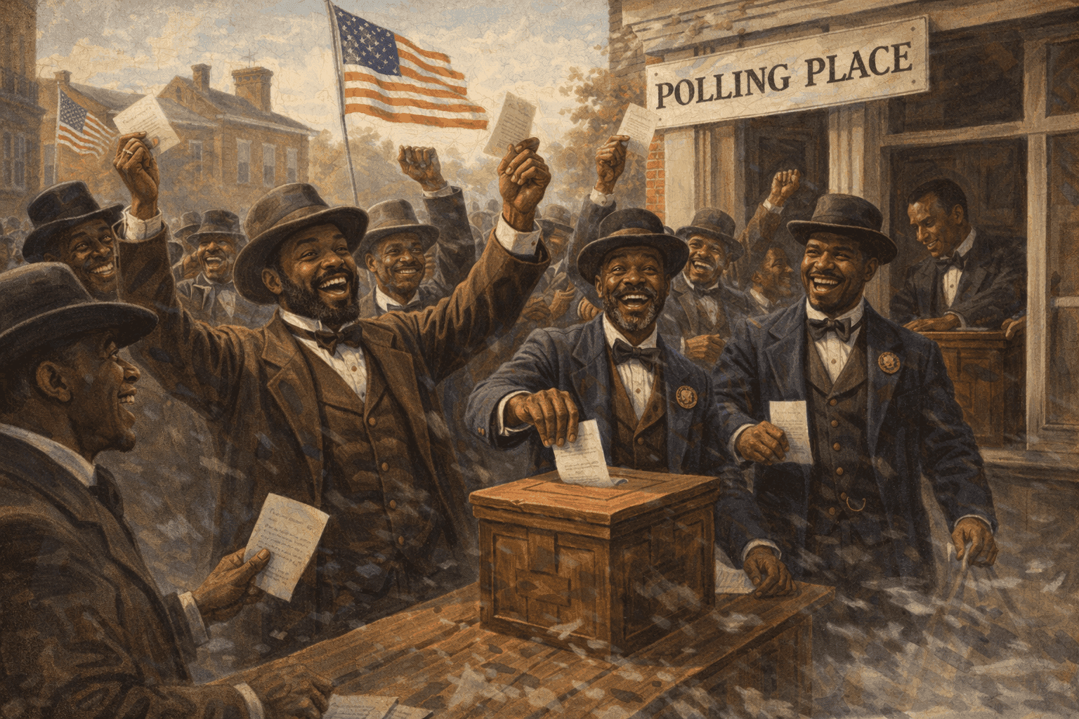 African American men celebrating and voting for the first time after the 15th Amendment's ratification