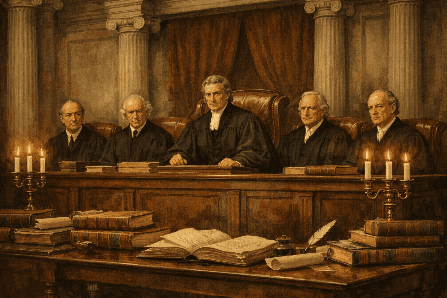 Historical illustration of the early Supreme Court chamber with justices in robes deliberating
