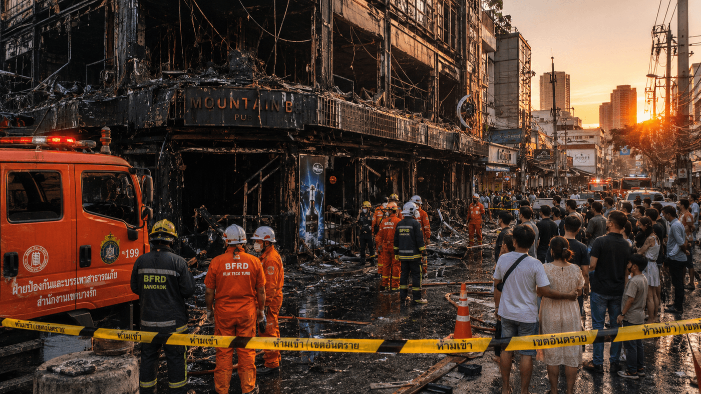 Emergency responders at the scene of the Na Ladprao pub fire in Bangkok, the charred building visible behind them