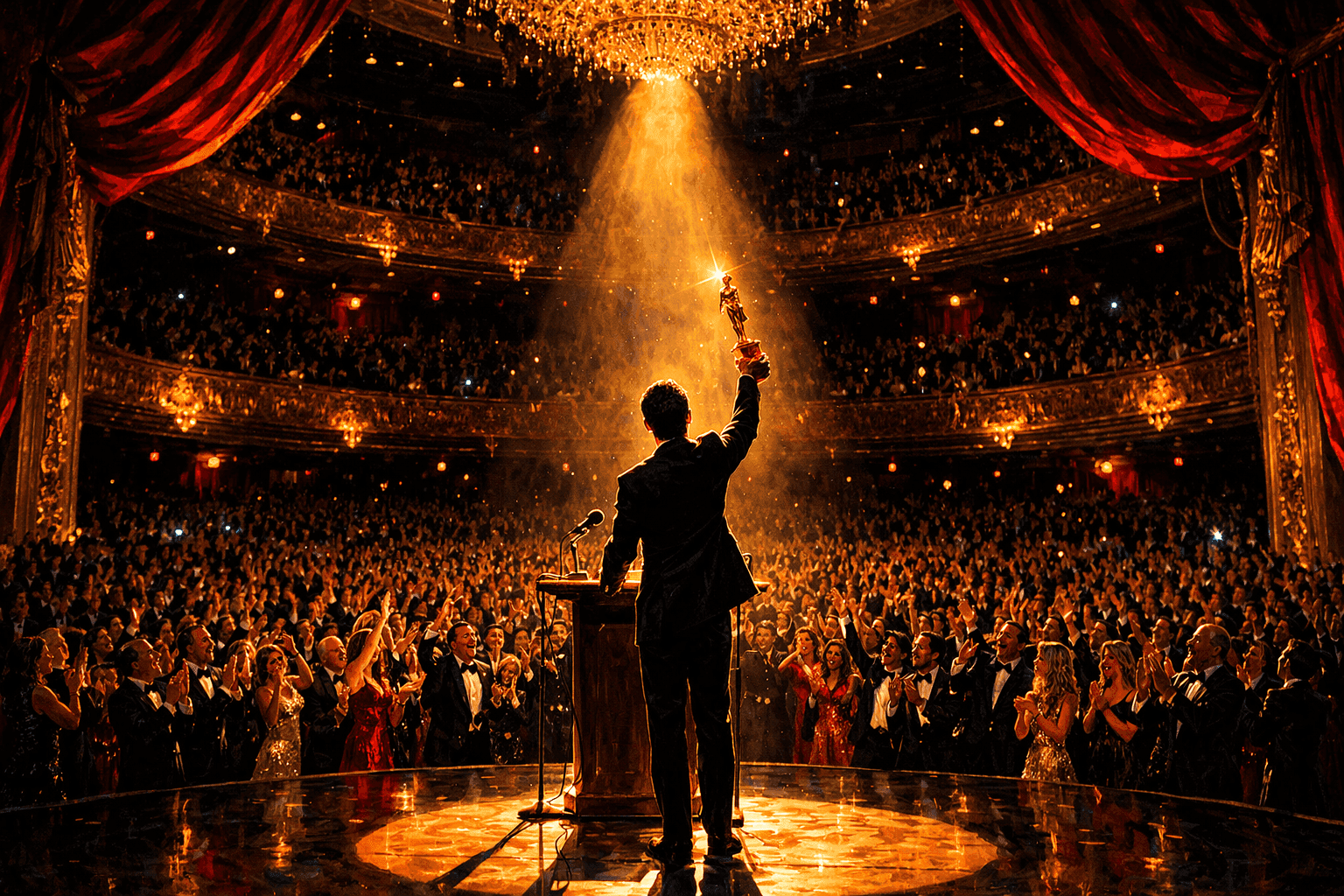 A golden Oscar statuette on a stage podium, bathed in warm spotlight light, with a vast darkened theater audience visible in the background