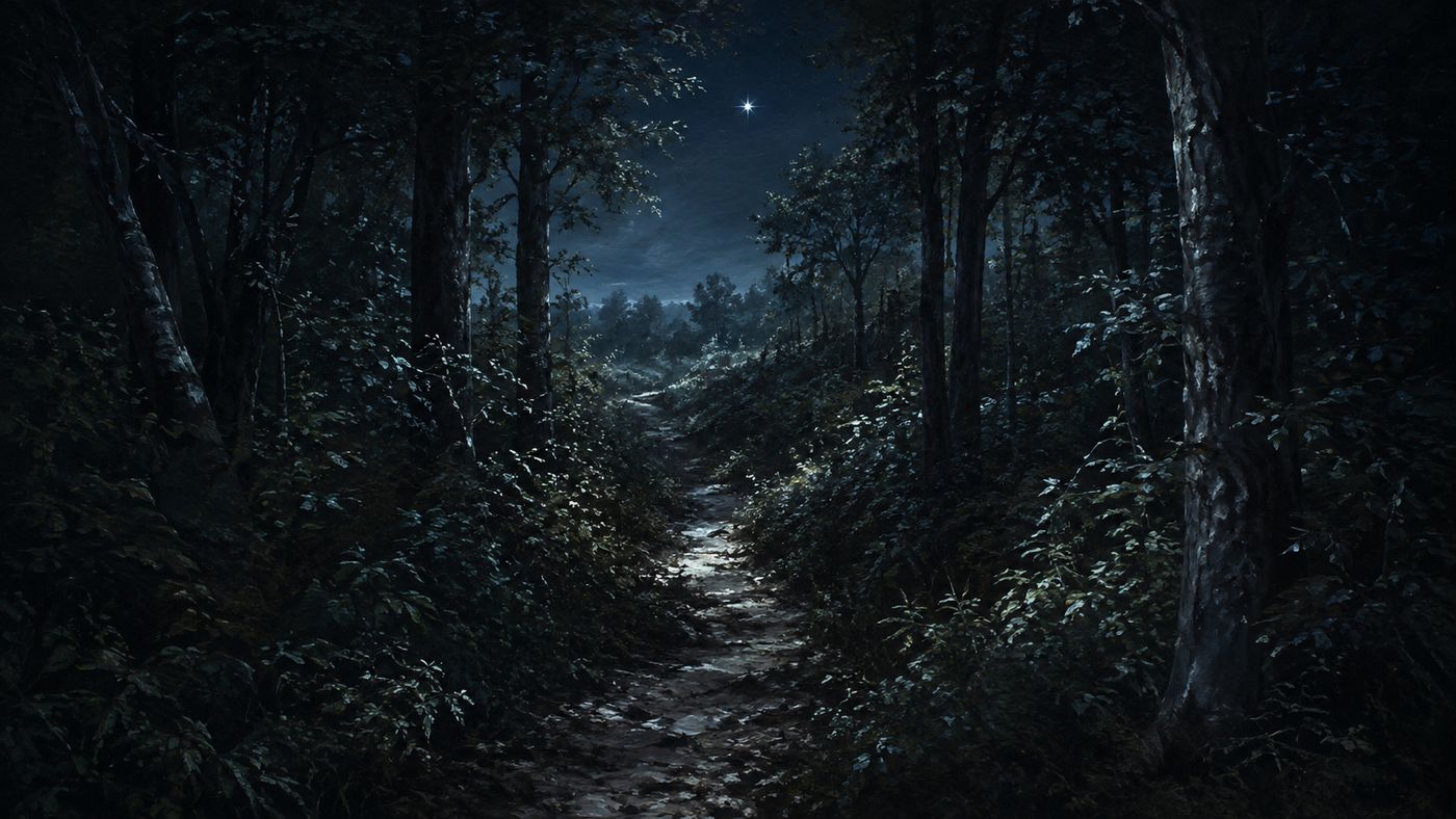 A dark Maryland woodland at night, a path barely visible between the trees, the North Star visible through a break in the canopy above