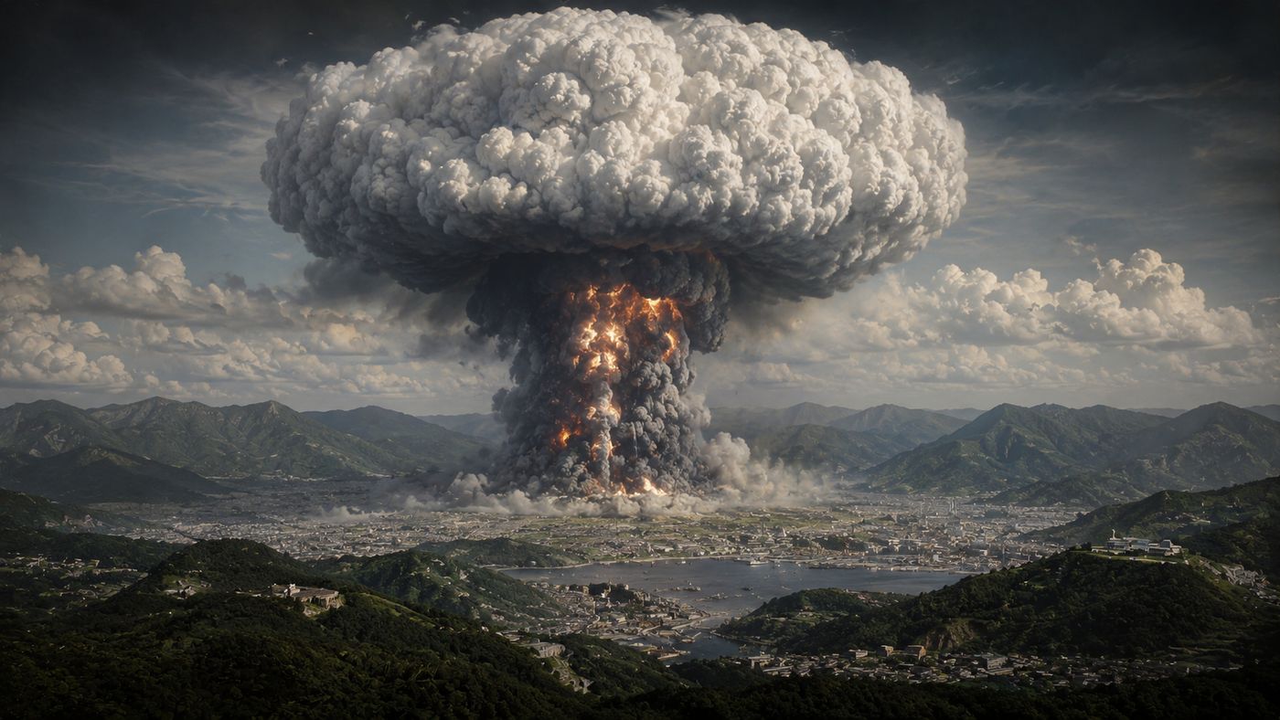 A mushroom cloud rising over a Japanese coastal city nestled in valleys, the column of smoke and fire towering above the surrounding hills