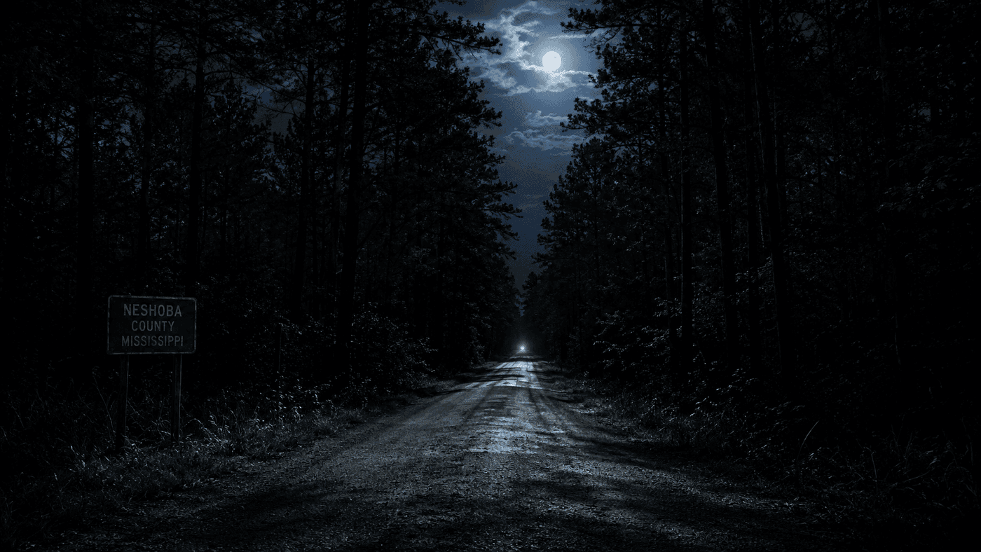 A rural Mississippi road at night lined with pine trees, a single light visible in the distance