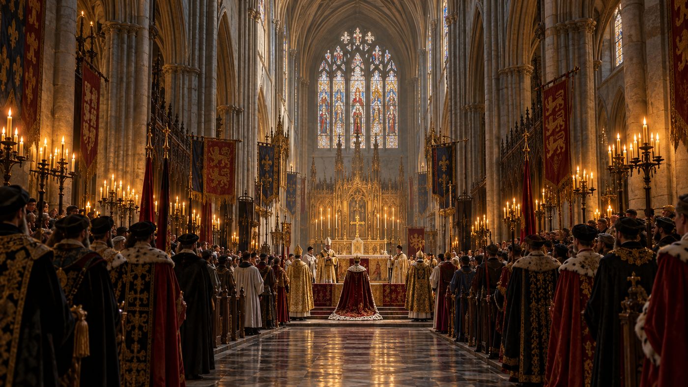 A painterly illustration of Westminster Abbey's interior nave — soaring Gothic stone arches rising to a vaulted ceiling, candlelight flickering along the ancient walls, a long ceremonial aisle leading to the altar, the atmosphere of a medieval coronation