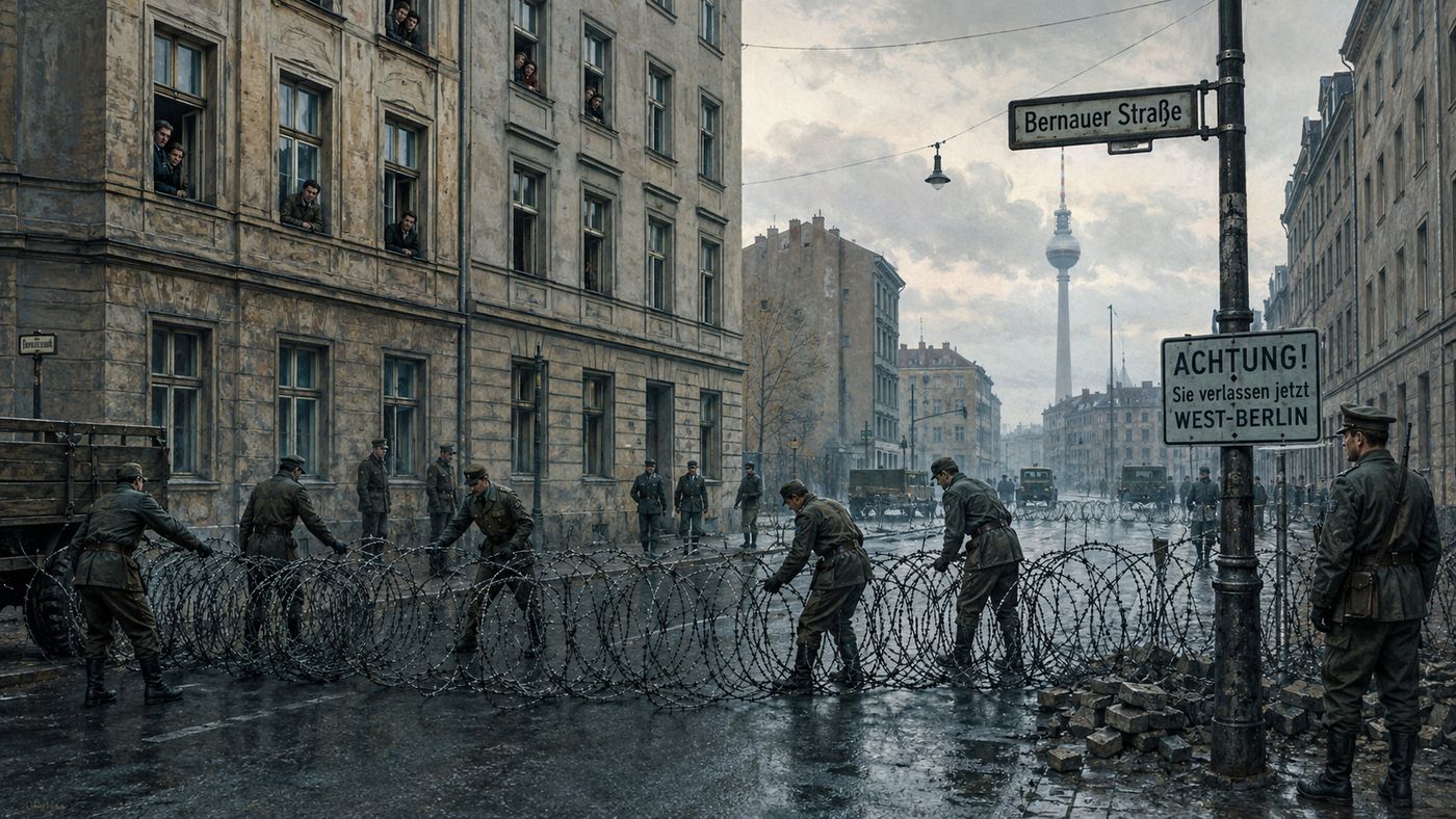A Berlin street at dawn in 1961 with barbed wire being laid across the road, divided buildings visible on either side under a gray morning sky