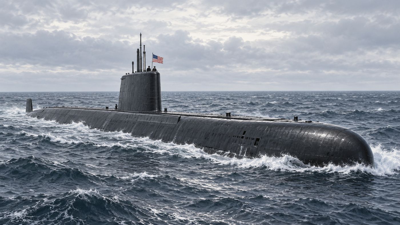 A nuclear submarine at sea in the 1950s, its dark hull visible at the surface with the American flag flying from the conning tower, the open ocean stretching around it