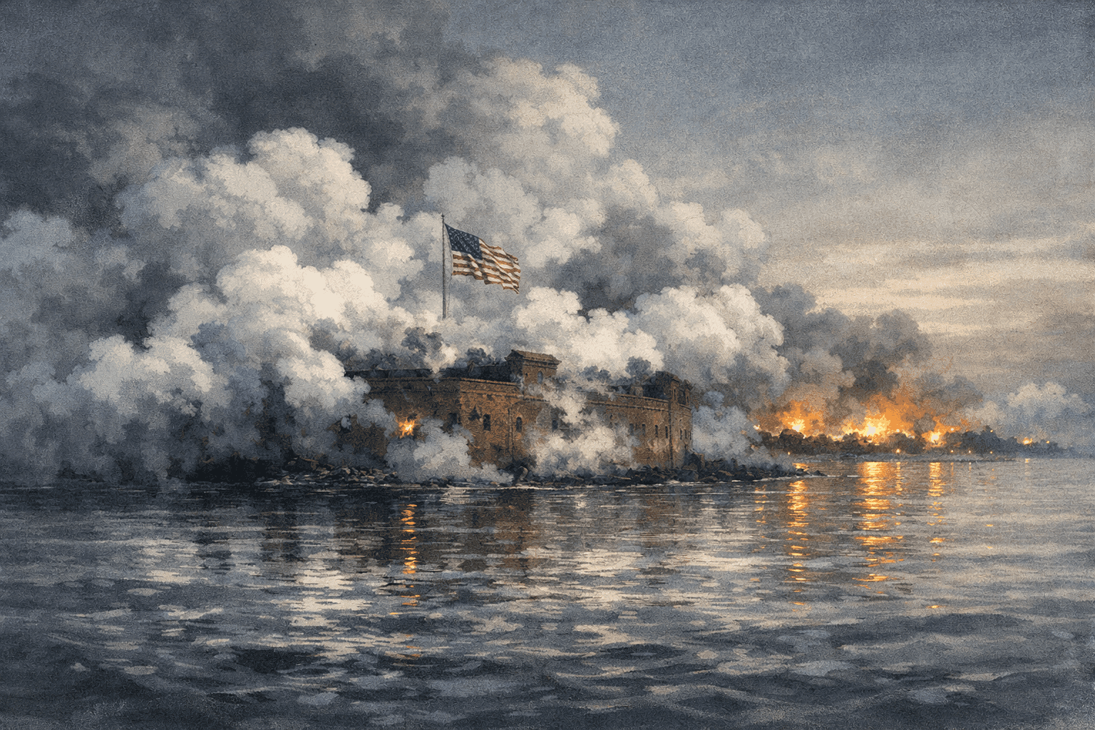Fort Sumter in Charleston Harbor under artillery bombardment with smoke rising from its walls at dawn in 1861