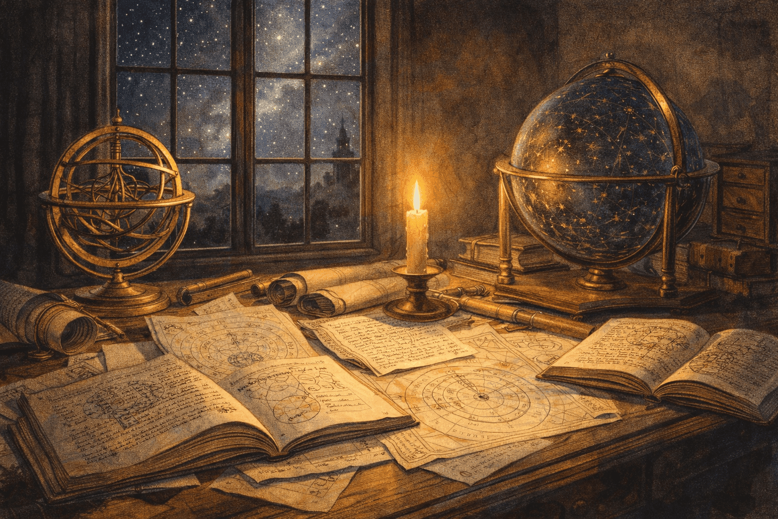 A 17th-century astronomer at a large wooden desk covered in astronomical charts and celestial globes working by candlelight