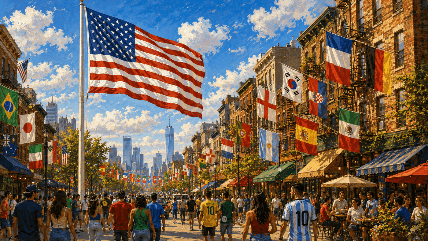 The American flag flying at full mast against a wide summer sky, its colors vivid and bold
