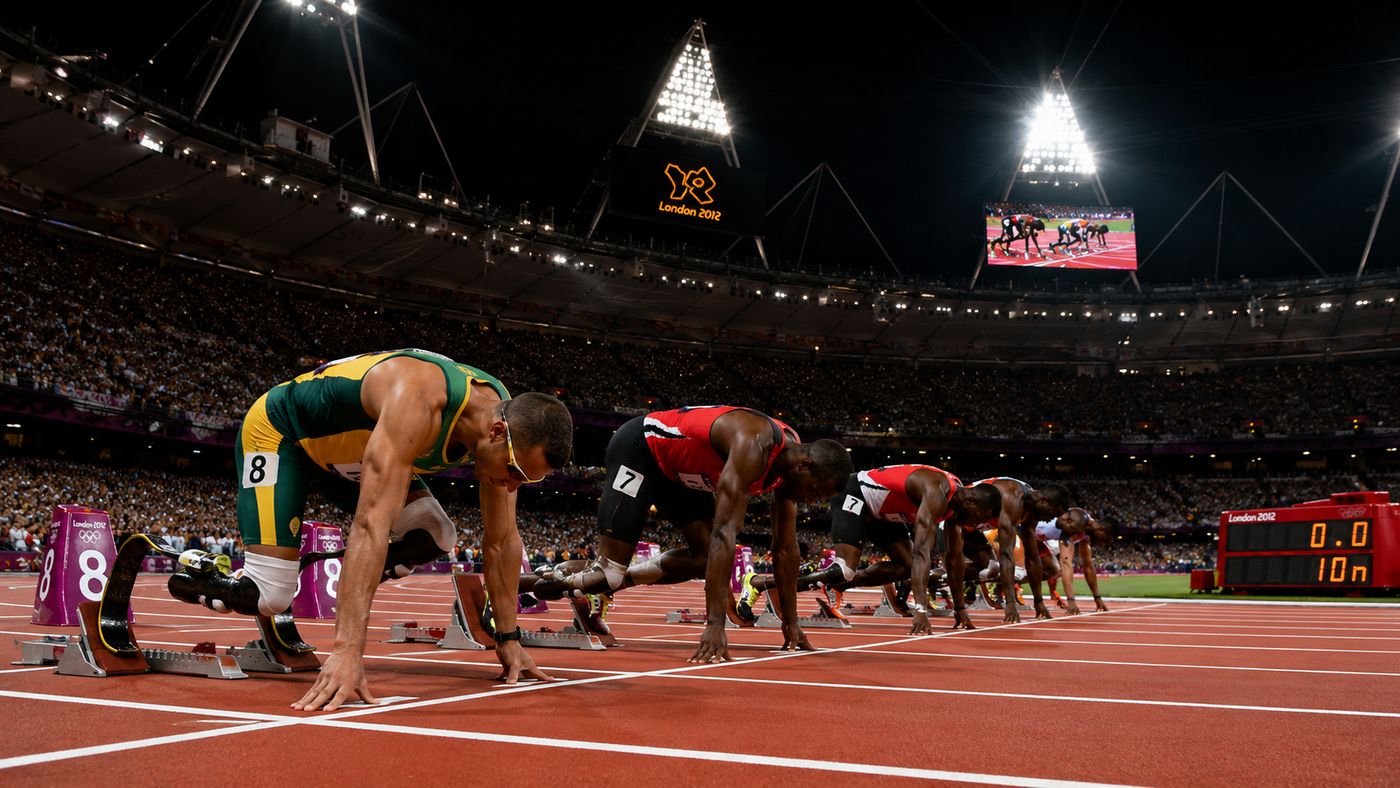 A packed Olympic stadium track and field venue at night, athletes in starting position on a vivid red track under brilliant floodlights