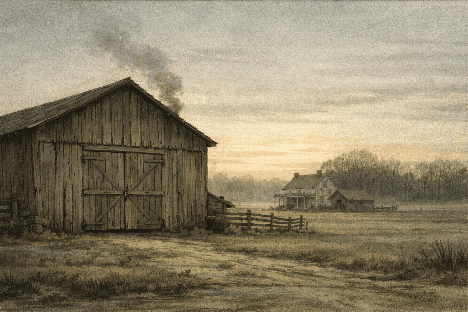 A wooden tobacco barn in the Virginia countryside at dawn with rolling fields and tree line in the background