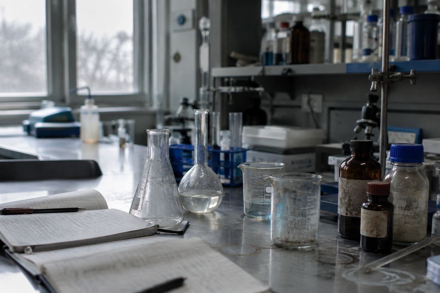A chemistry laboratory setup with molecular models and glassware, evoking the Nobel Prize-winning research into organocatalysis.