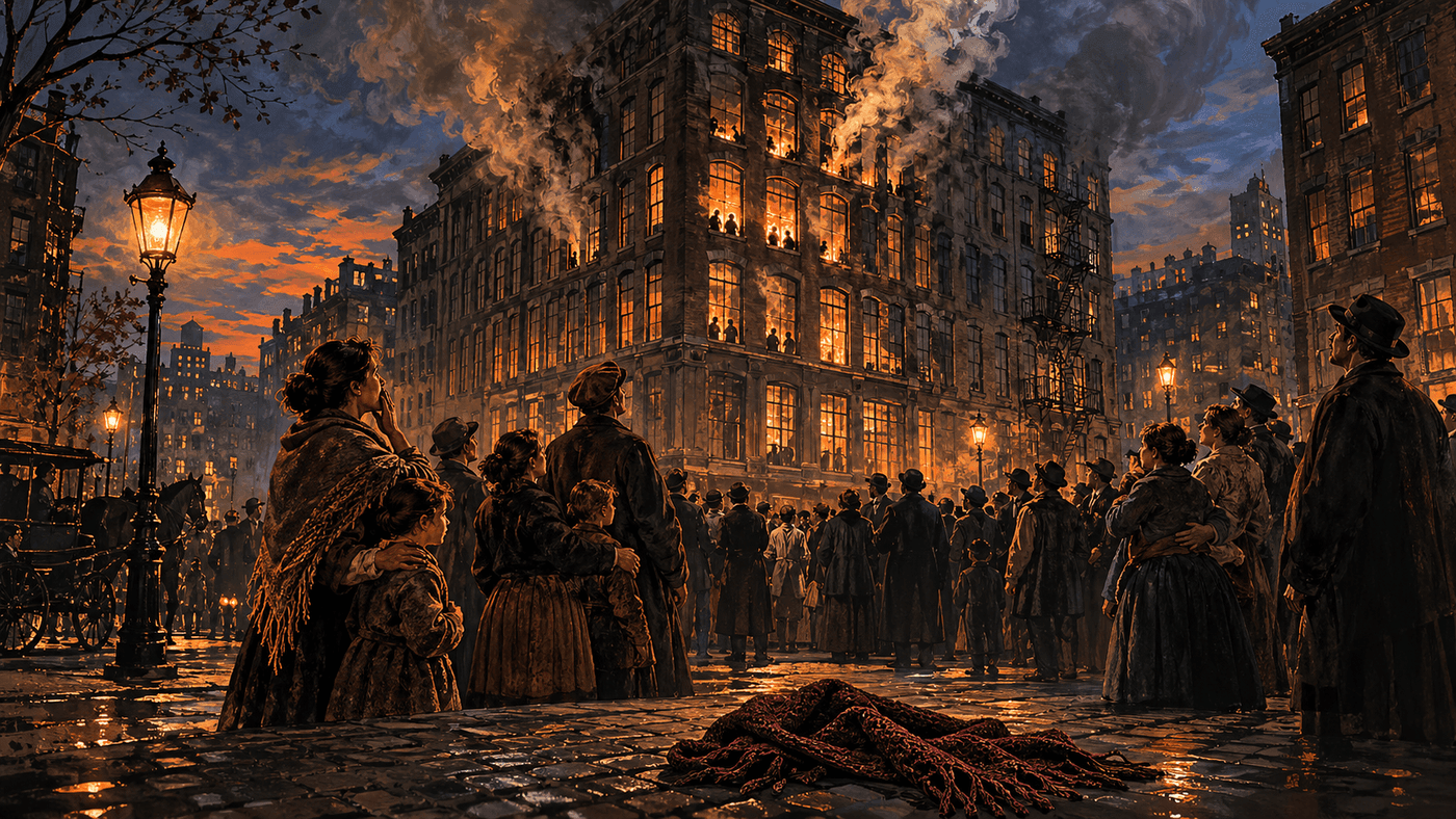 Historical illustration evoking the Triangle Shirtwaist Factory fire of 1911, the disaster that galvanized the American worker safety movement