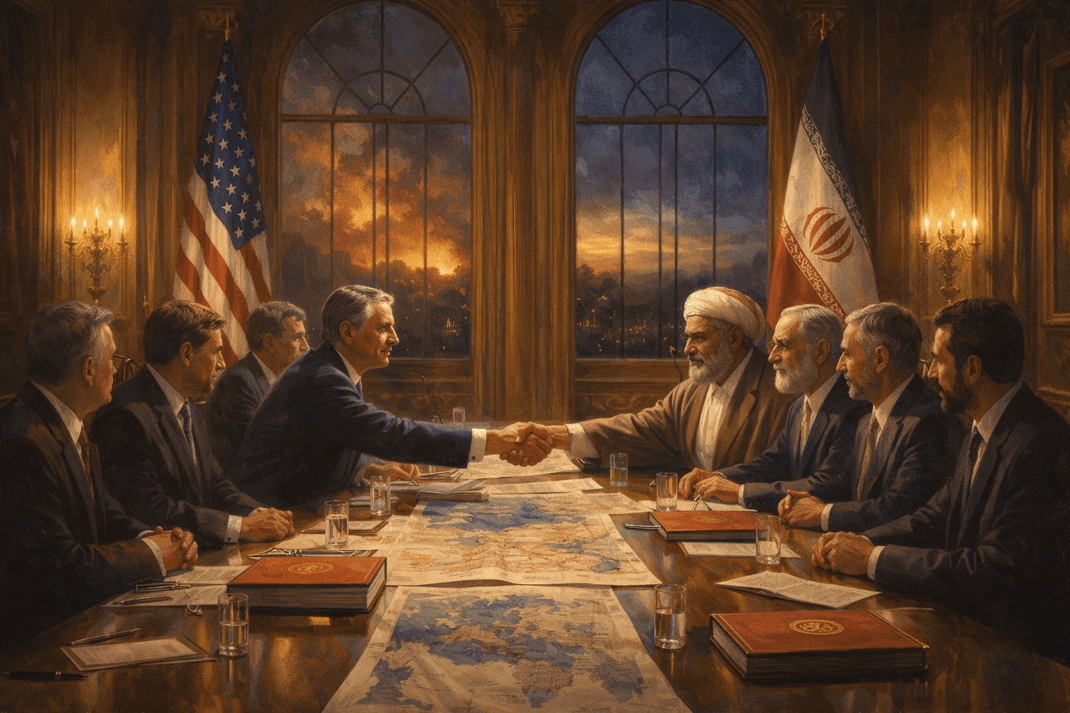 Diplomatic envoys shaking hands at a peace table, symbolizing the US-Iran ceasefire of April 2026