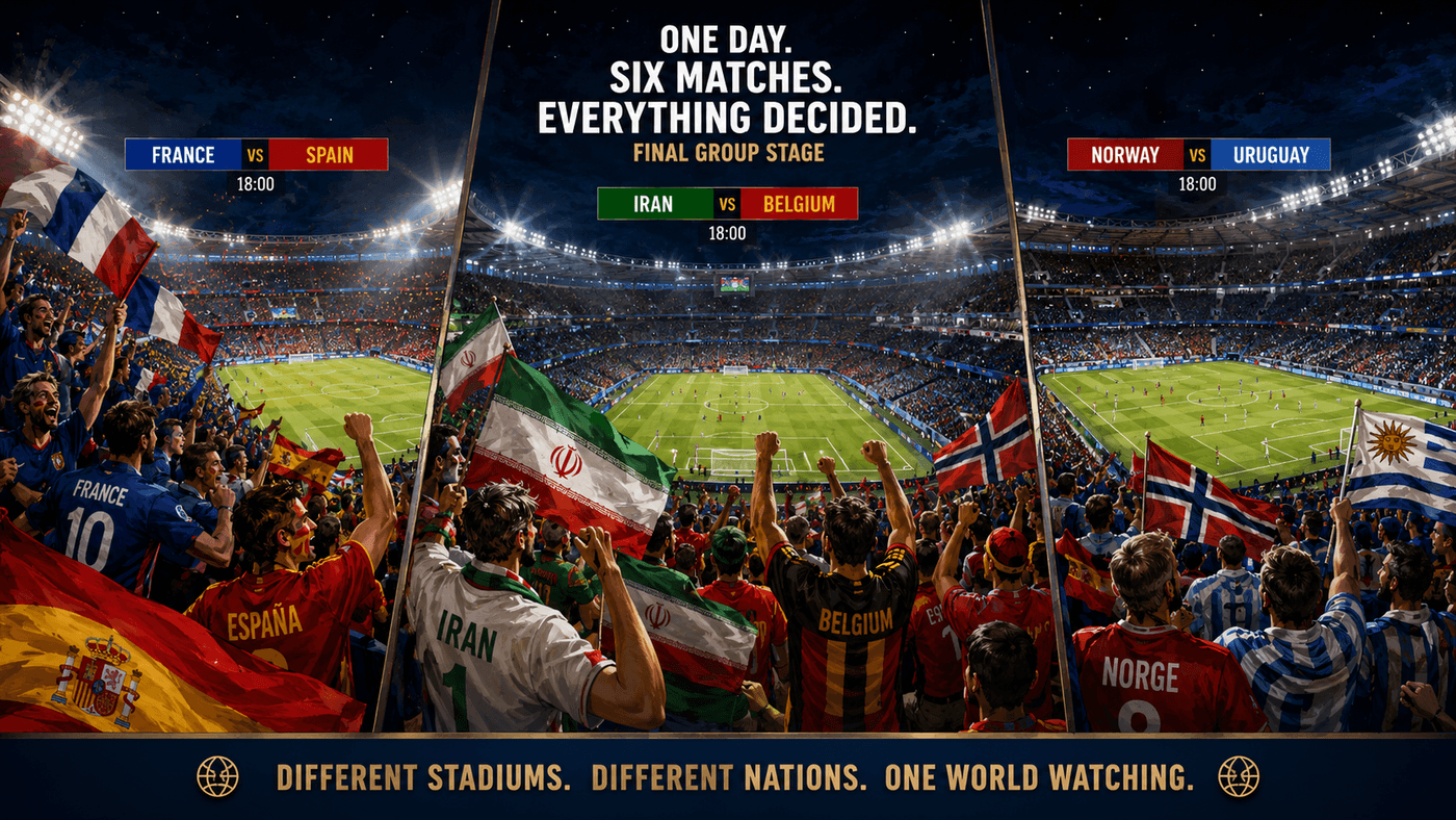 Fans from multiple nations packed into a World Cup stadium, flags of many countries waving together