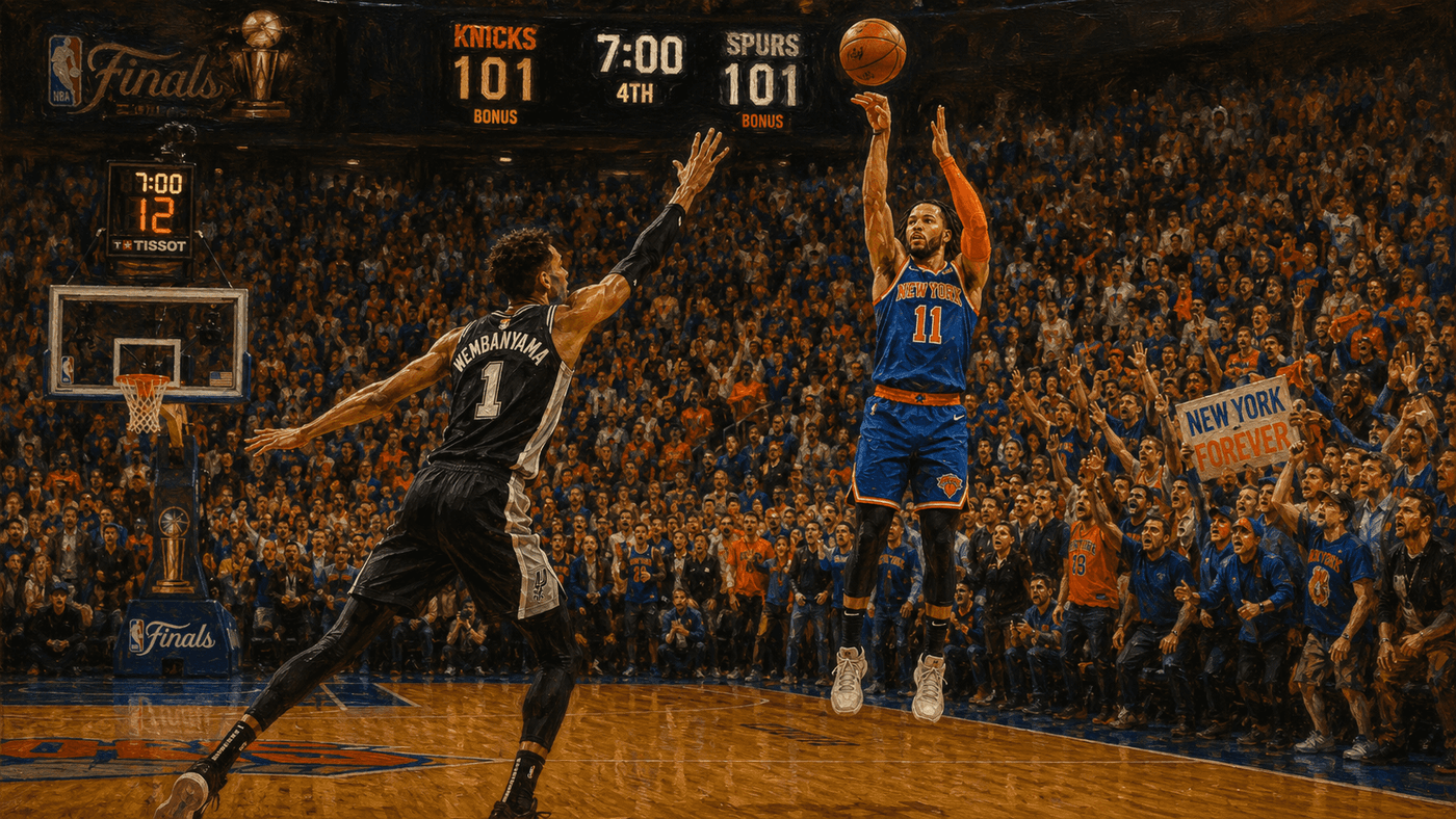 Jalen Brunson drives into the lane in the fourth quarter of NBA Finals Game 1, his left-handed scoop shot lifting the Knicks to a comeback win over the Spurs