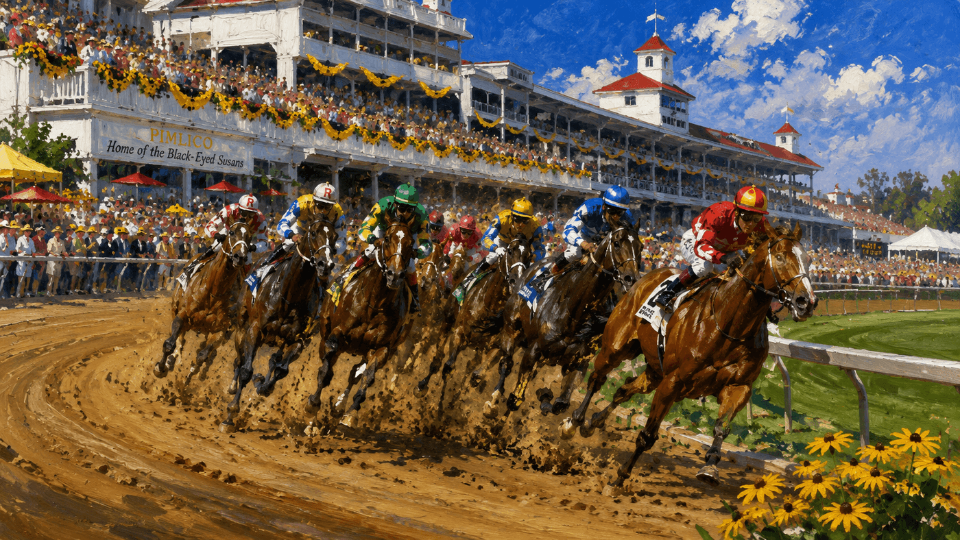 Thoroughbred racehorses rounding the far turn at a Maryland racetrack on Preakness day, the infield crowd visible in the background