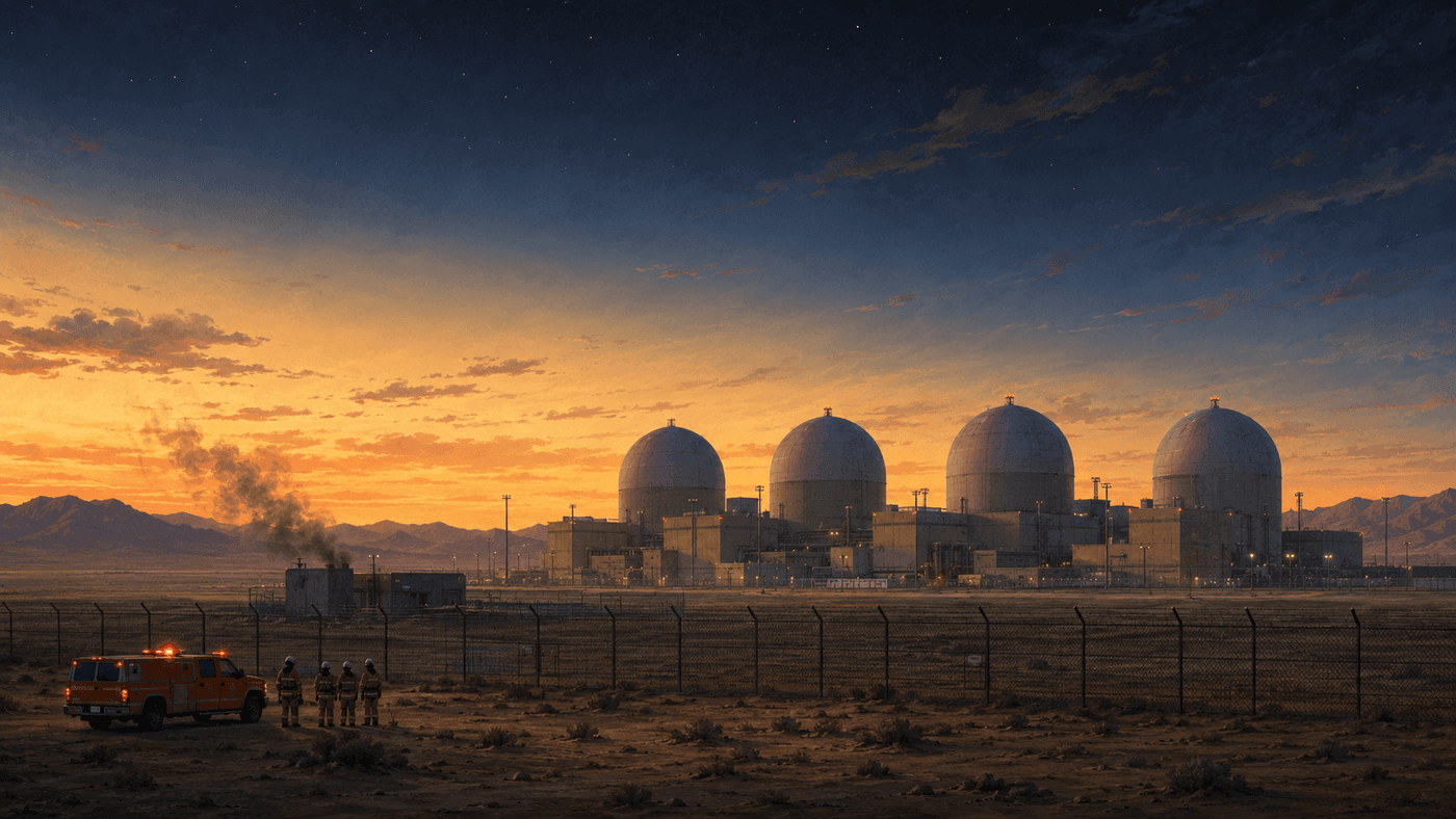 The Barakah Nuclear Energy Plant in Abu Dhabi's Al Dhafra region, the first nuclear power station on the Arabian Peninsula, viewed from a distance across the desert landscape