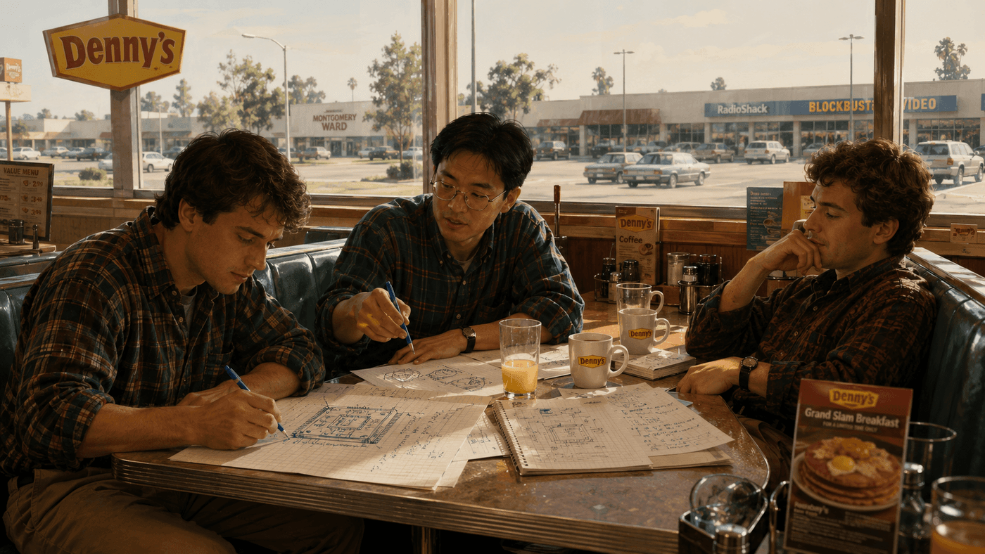 Three engineers in a roadside diner booth in Silicon Valley in 1992, sketching out plans on napkins — evoking the founding of Nvidia at a Denny's restaurant in San Jose