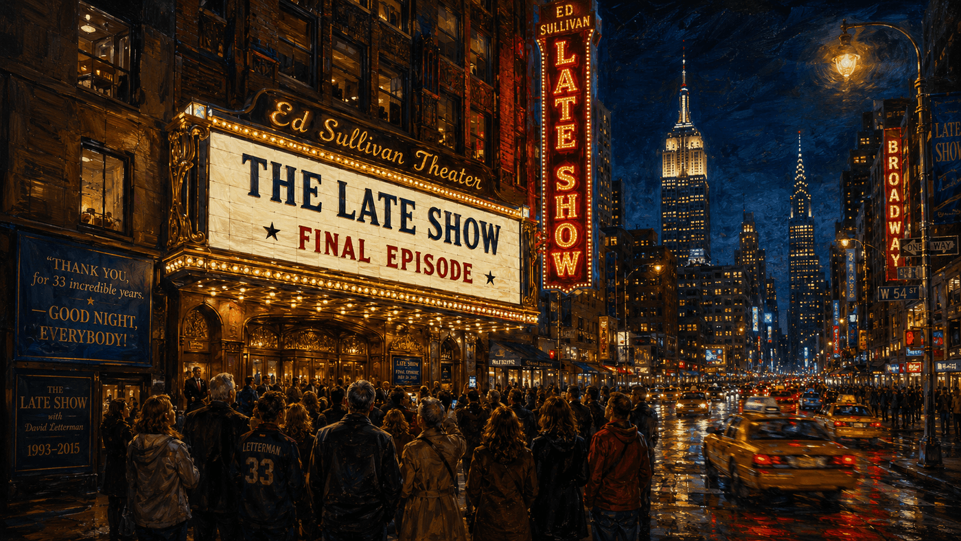 The Ed Sullivan Theater marquee on Broadway in New York City, home of The Late Show with Stephen Colbert, illuminated on its final night