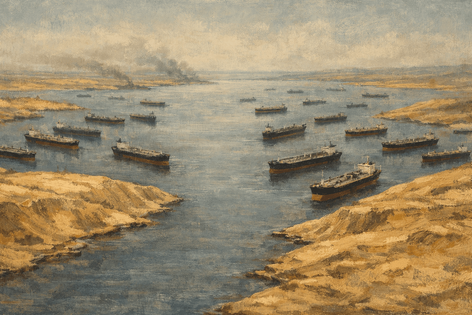 An aerial view of the narrow Strait of Hormuz with tankers anchored in still waters