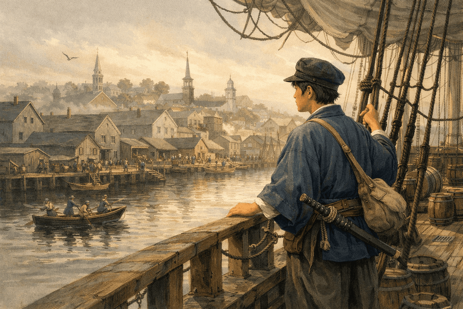 A 19th-century American whaling ship at anchor in a New England harbor with smaller boats alongside and a town visible on the shore