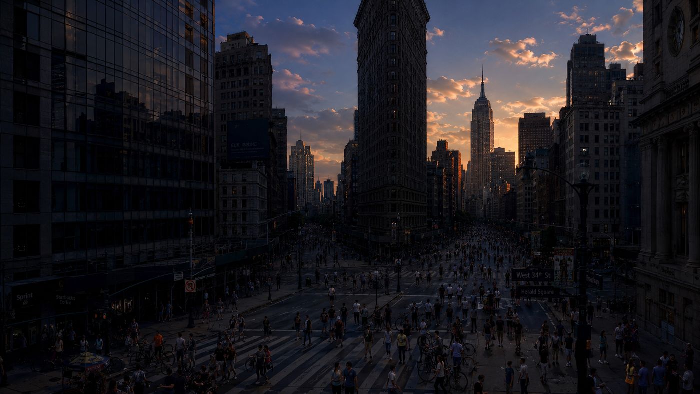 A New York City street at dusk during a blackout, darkened skyscraper windows visible above, crowds of people walking in the street below