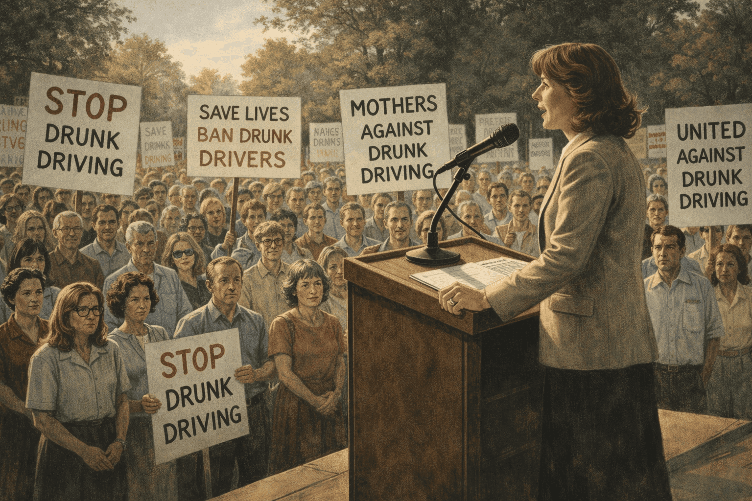A determined woman standing at a podium before a crowd of supporters at an outdoor advocacy rally in the early 1980s