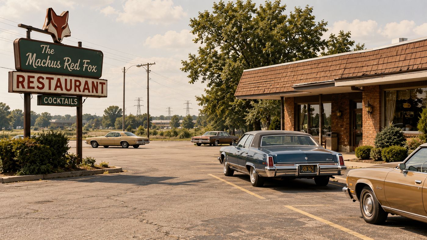 A suburban Detroit parking lot in the mid-1970s, a modest restaurant visible at the edge, the lot empty and still in the afternoon light