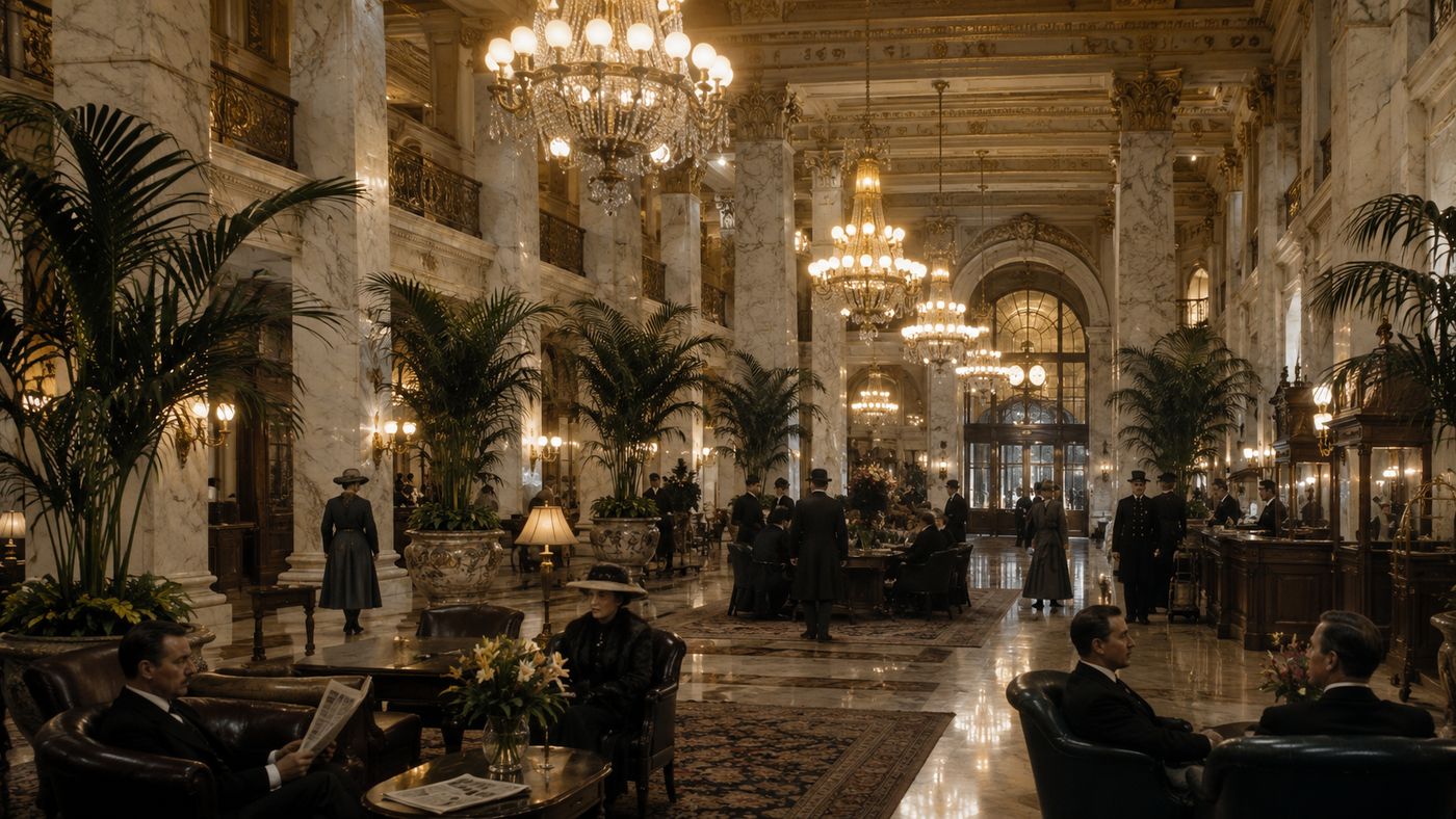 The grand lobby of a Gilded Age San Francisco hotel, ornate columns and chandeliers, the atmosphere of prosperous early 20th century America
