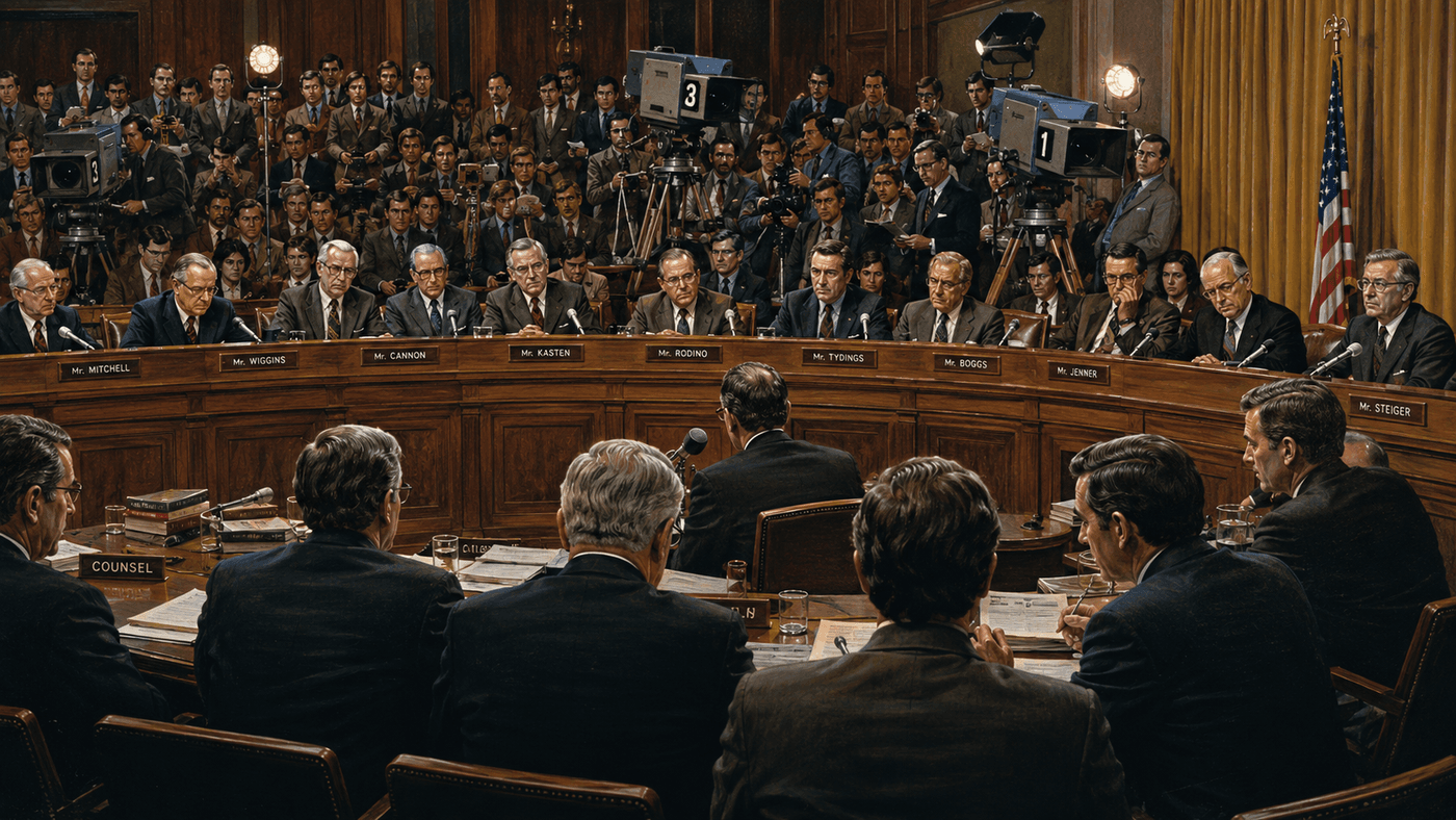 A formal congressional hearing room in the 1970s with committee members seated at a long raised dais, cameras and reporters visible in the gallery